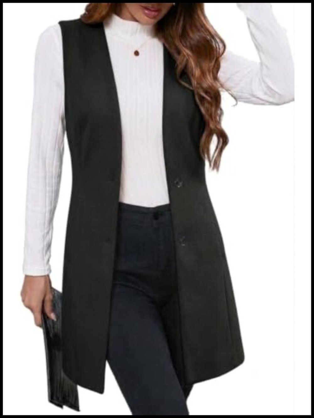 Long Sleeveless Wool Blazer Vest Button Front Notch Collar Trench Coat Cardigan